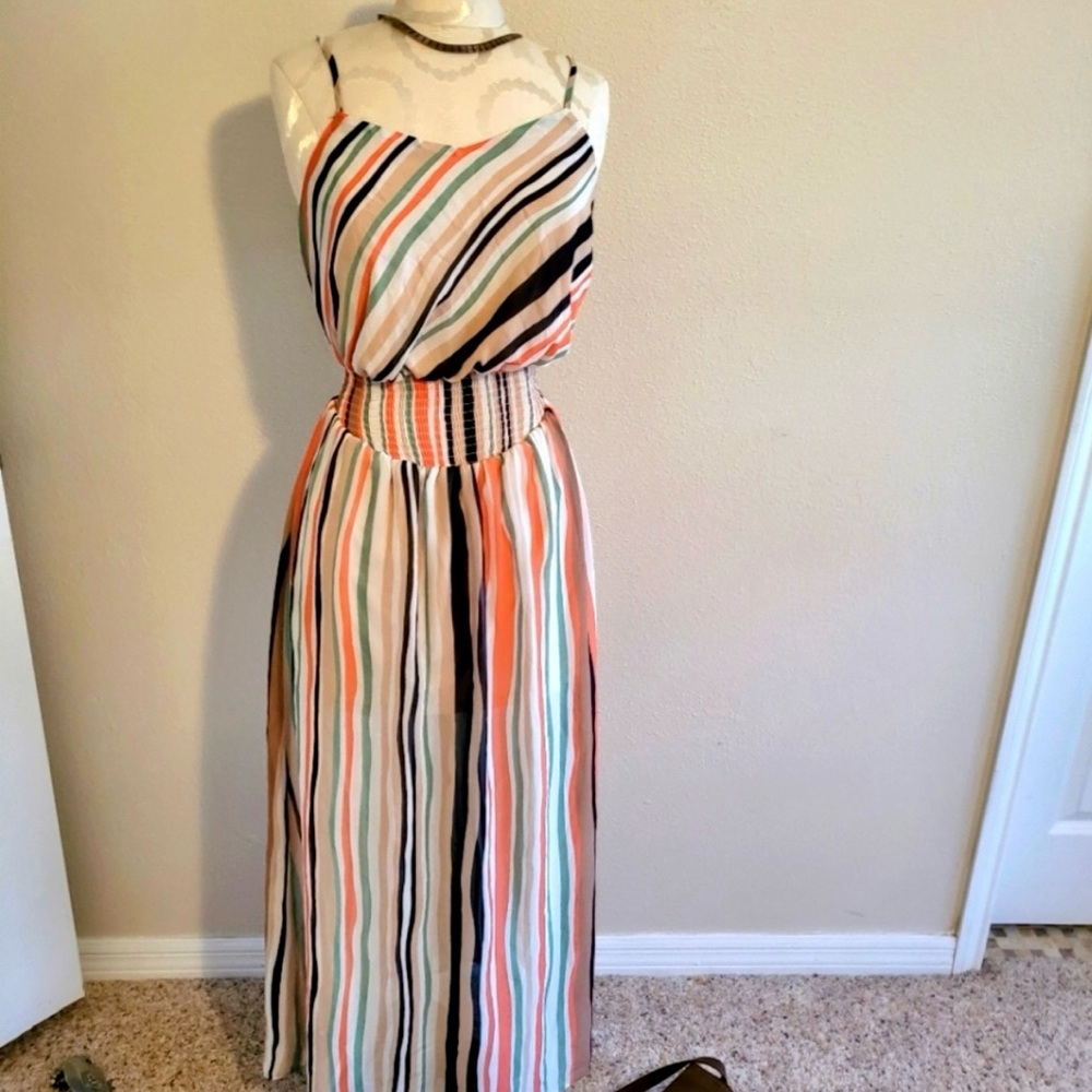 Women’s Sheer Maxi Dress Tan Stripes
